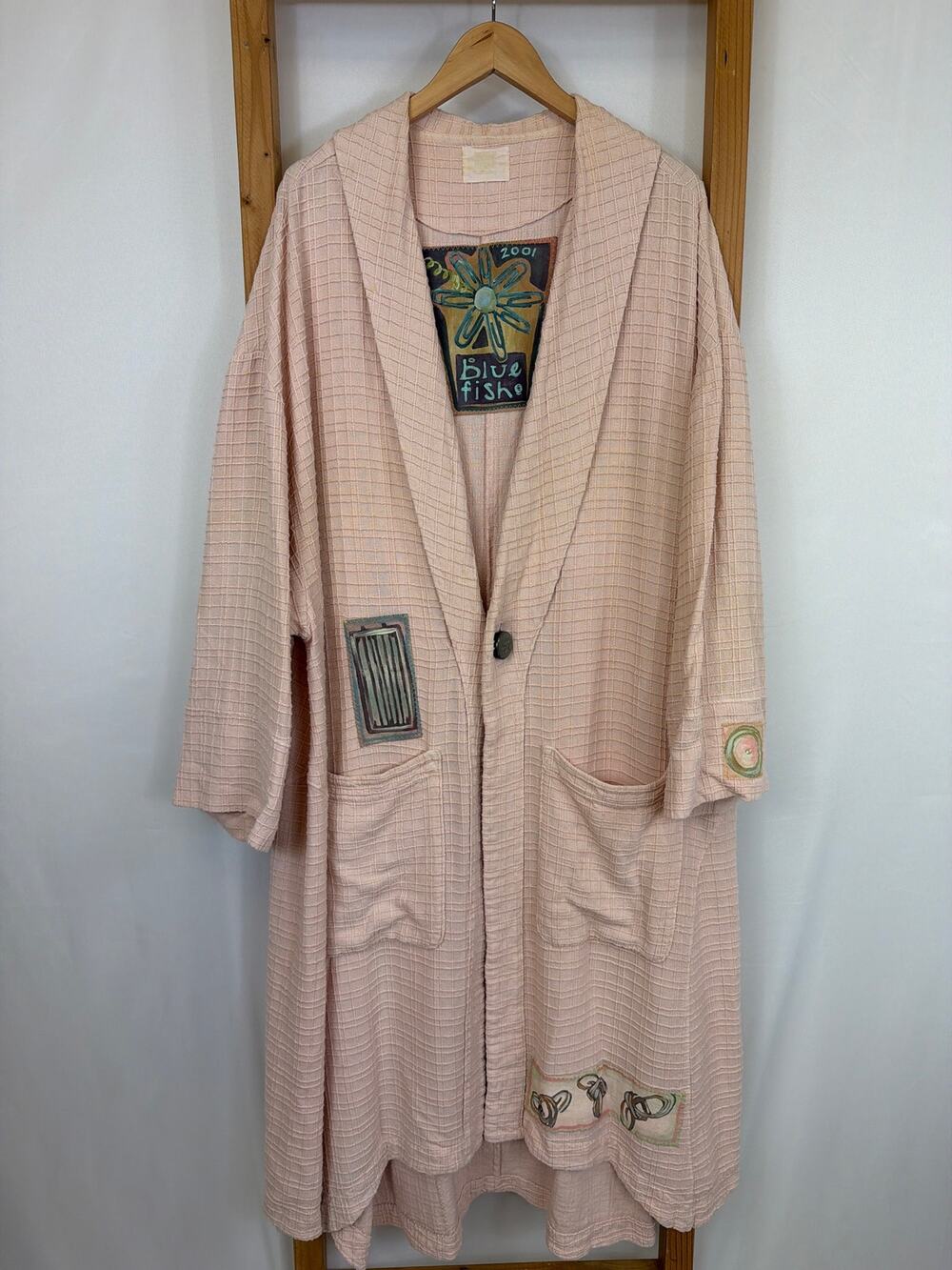 Blue Fish Toy Box Pink Waffle Jacket Multicolored Print Embroidery Long High-Low